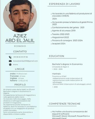Mi chiamo aziez abd el djalil, ho 23 anni Bachelor