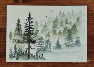 Acquerello “Alberi nella nebbia”