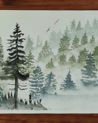 Acquerello “Alberi nella nebbia”