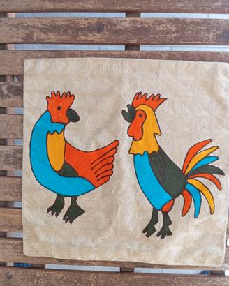 Federa Cuscino Anni 70 Gallina + Gallo