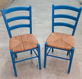 Set 4 Sedie in Legno Blu con Seduta in Paglia