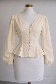 Blusa Crema Pizzo Scollo V - M - Peplum - Nuovo