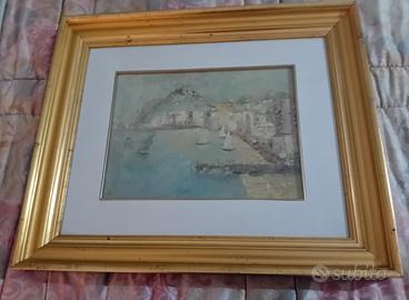 Dipinto Olio su Tela Firmato Riva-Veduta Marina