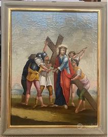 Antico dipinto via Crucis olio su tela del 700