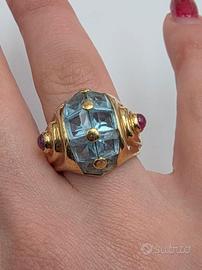 ANELLO ORO RUBINI ACQUAMARINA