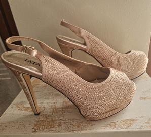 Scarpe donna slingback open toe oro rosa e strass