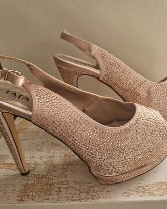 Scarpe donna slingback open toe oro rosa e strass