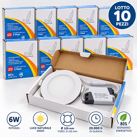 10 pannelli LED incasso 6W Ø120 mm luce naturale
