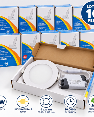 10 pannelli LED incasso 6W Ø120 mm luce naturale