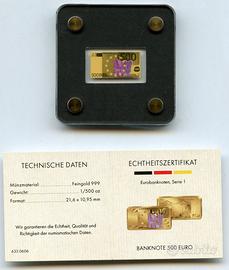 LOTTO LINGOTTI ORO 999 BACONOTE 10+100+500 EURO