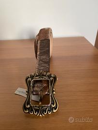 Cintura in pelle cavallino oro-marrone con strass