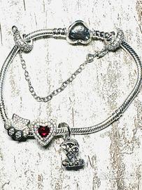 Bracciale argento,cuore rosso,cagnolino e zampetta