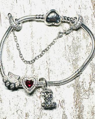 Bracciale argento,cuore rosso,cagnolino e zampetta