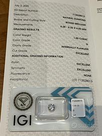 Diamante Certificato IGI D IF 1.00 carati