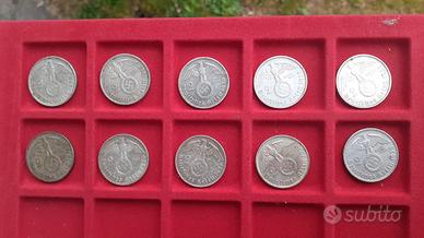 lotto 10 monete da 2 marchi svastica in argento 