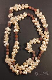 Collana perle naturali barocche e perline in legno