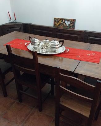 tavolo antico restaurato, 5 sedie e panca angolare