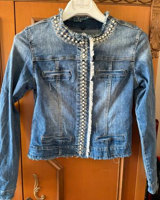 Giacca di Jeans con Perle e Strass