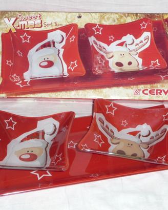 Vassoio con 2 coppe Natale vetro rosso
