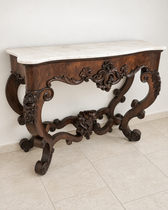 Consolle in legno intagliato con piano in marmo