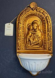 Acquasantiera Madonna Bambino legno e ceramica