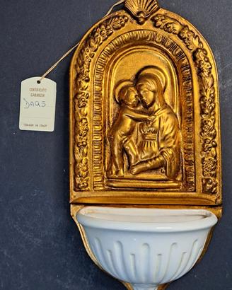 Acquasantiera Madonna Bambino legno e ceramica