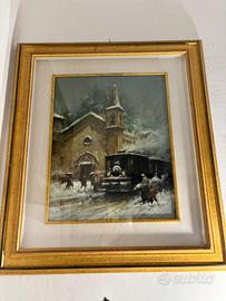 Quadro dipinto a olio scena invernale con tram