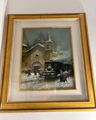Quadro dipinto a olio scena invernale con tram