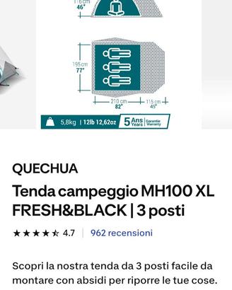 Tenda da campeggio Quechua MH100XL fresh&black 3 p