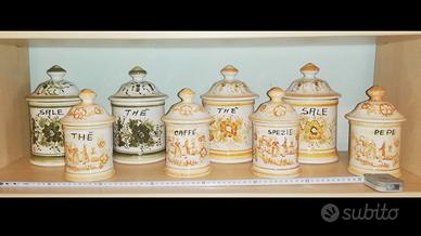 8 Barattoli, 1 euro cad, ceramica, decorati,