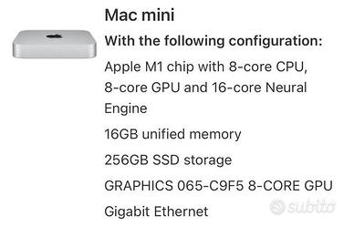 MAC MINI M1 - 16gb RAM - 256 Hard Disk