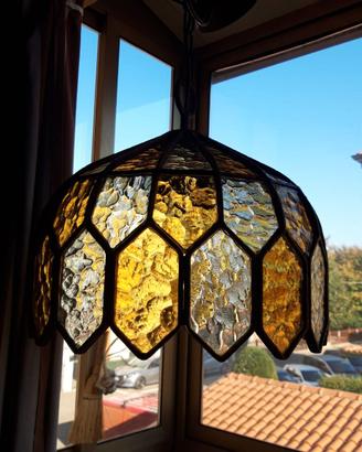 Lampadario vetro bicolore e ferro stile Brutalista