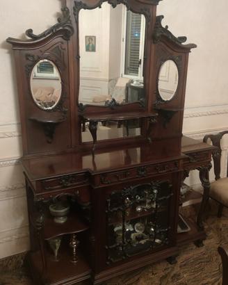 Credenza Antica con Alzata e Specchi in Mogano