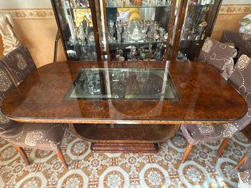 Tavolo con vetro in cristallo in mogano +6 sedie