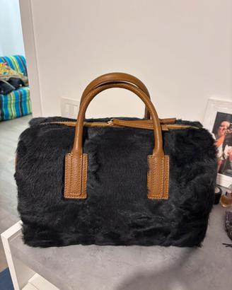 Borsa in vera pelle, con vera pelliccia di visone