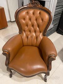 Poltrona Vintage in Legno e Pelle Color Cuoio