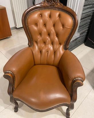 Poltrona Vintage in Legno e Pelle Color Cuoio