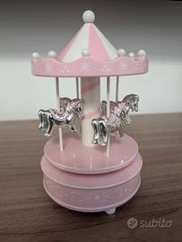 Carillon giostra rosa con cavalli in argento