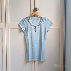 T-Shirt Guess Taglia L Azzurro Strass Gioiello 