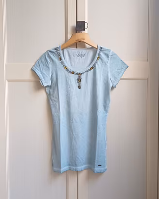 T-Shirt Guess Taglia L Azzurro Strass Gioiello 