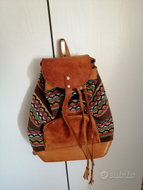 Borsa zaino di cuoio e cotone