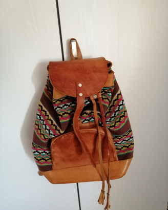 Borsa zaino di cuoio e cotone