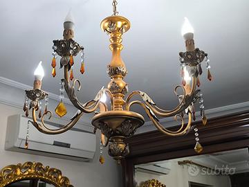 Lampadario classico barocco 5 luci oro e cristalli