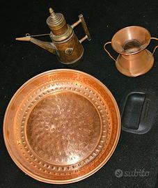 Tris rame / ottone vintage oliera, bacinella, vaso