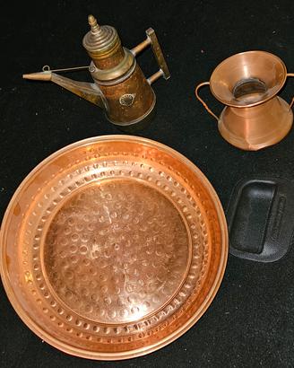 Tris rame / ottone vintage oliera, bacinella, vaso