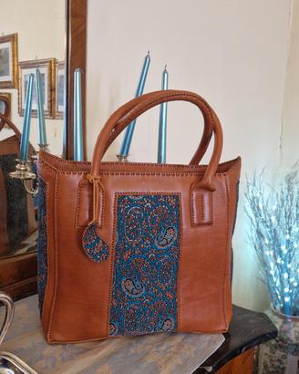 Borsa artigianale in vera pelle e tessuto  Persian