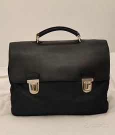 Cartella Prada nera in pelle e tessuto nylon