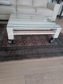 tavolino bancale pallet con ruote e vetro