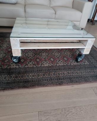 tavolino bancale pallet con ruote e vetro