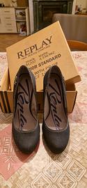 Scarpe Replay donna, jeans blu con tacco, nuove